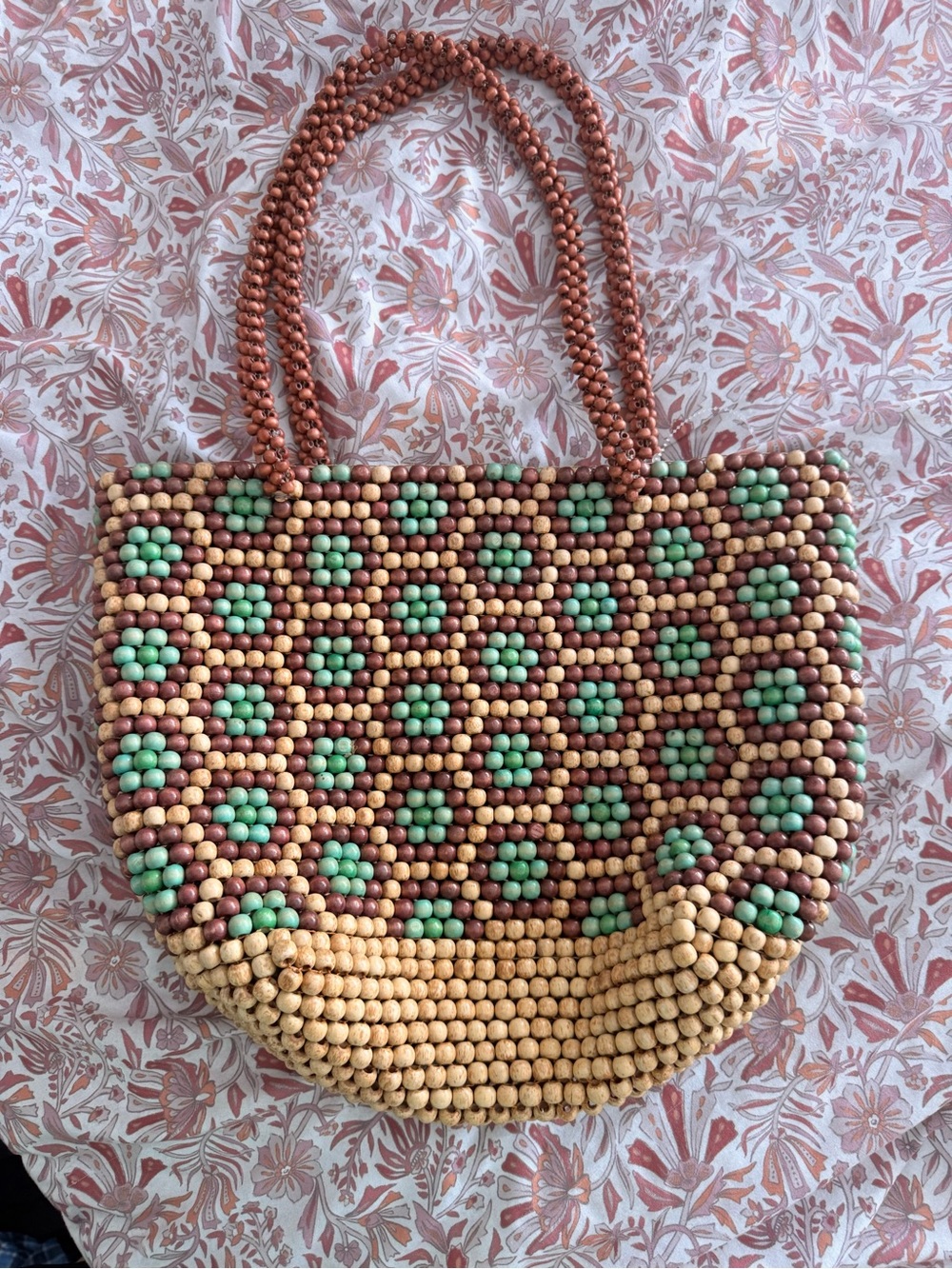 Vintage wooden Beaded large Floral Pattern Tote Bag purse boho Cottagecore